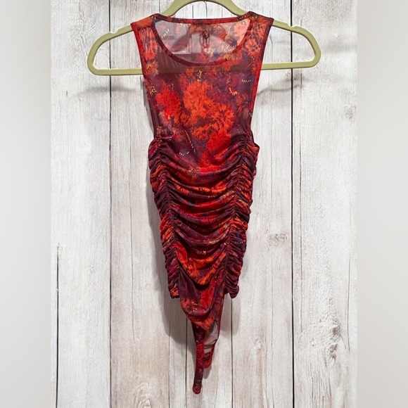 Free People Red Floral Mesh Bodysuit Size XS NWOT - Picture 1 of 5